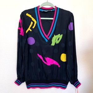 NWT 90's Silk Eclectic Pullover V-Neck Shirt - Size 12 - Unisex Y2K
